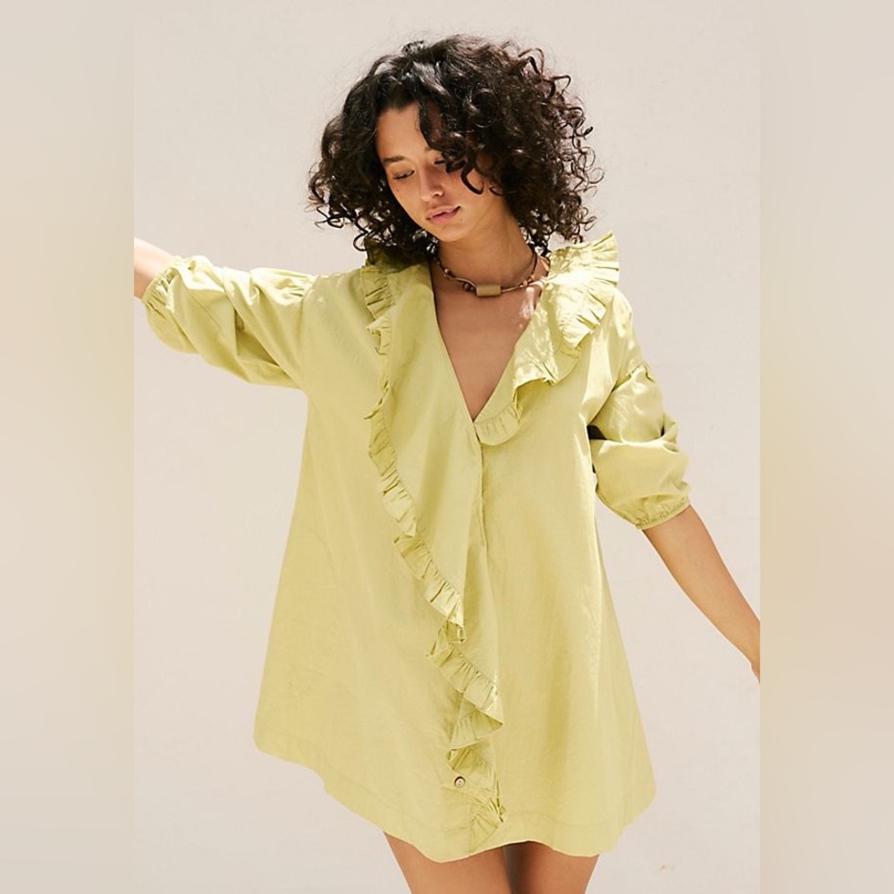 Free People Ruffled V-Neck Dress in Light Lime